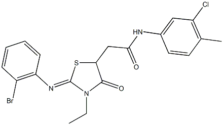 2-{2-[(2-bromophenyl)imino]-3-ethyl-4-oxo-1,3-thiazolidin-5-yl}-N-(3-chloro-4-methylphenyl)acetamide 구조식 이미지