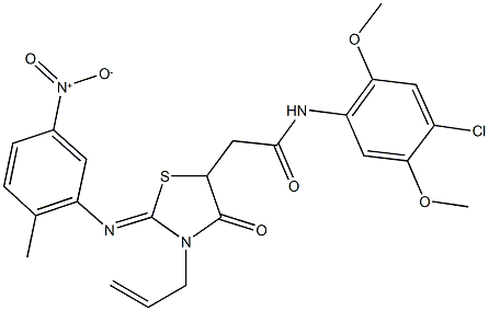 2-[3-allyl-2-({5-nitro-2-methylphenyl}imino)-4-oxo-1,3-thiazolidin-5-yl]-N-(4-chloro-2,5-dimethoxyphenyl)acetamide 구조식 이미지