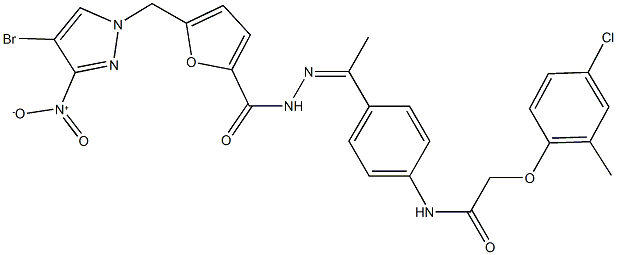 N-(4-{N-[5-({4-bromo-3-nitro-1H-pyrazol-1-yl}methyl)-2-furoyl]ethanehydrazonoyl}phenyl)-2-(4-chloro-2-methylphenoxy)acetamide 구조식 이미지