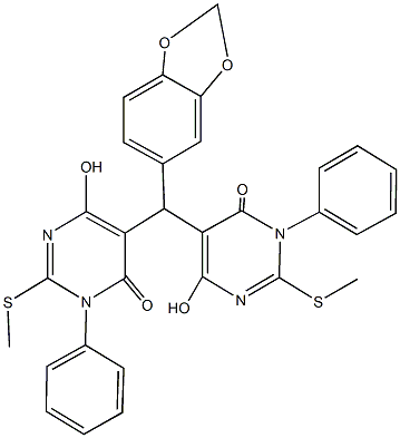 5-{1,3-benzodioxol-5-yl[4-hydroxy-2-(methylsulfanyl)-6-oxo-1-phenyl-1,6-dihydro-5-pyrimidinyl]methyl}-6-hydroxy-2-(methylsulfanyl)-3-phenyl-4(3H)-pyrimidinone Structure