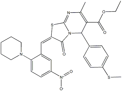 ethyl 2-[5-nitro-2-(1-piperidinyl)benzylidene]-7-methyl-5-[4-(methylsulfanyl)phenyl]-3-oxo-2,3-dihydro-5H-[1,3]thiazolo[3,2-a]pyrimidine-6-carboxylate 구조식 이미지