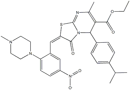 ethyl 2-[5-nitro-2-(4-methyl-1-piperazinyl)benzylidene]-5-(4-isopropylphenyl)-7-methyl-3-oxo-2,3-dihydro-5H-[1,3]thiazolo[3,2-a]pyrimidine-6-carboxylate 구조식 이미지
