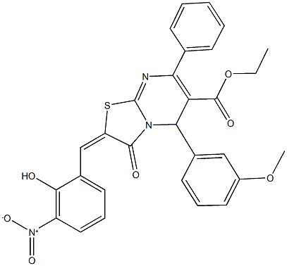 ethyl 2-{2-hydroxy-3-nitrobenzylidene}-5-(3-methoxyphenyl)-3-oxo-7-phenyl-2,3-dihydro-5H-[1,3]thiazolo[3,2-a]pyrimidine-6-carboxylate 구조식 이미지