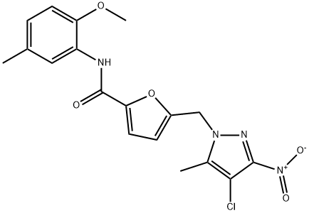 5-({4-chloro-3-nitro-5-methyl-1H-pyrazol-1-yl}methyl)-N-(2-methoxy-5-methylphenyl)-2-furamide Structure