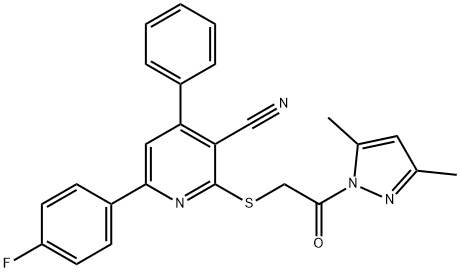 2-{[2-(3,5-dimethyl-1H-pyrazol-1-yl)-2-oxoethyl]sulfanyl}-6-(4-fluorophenyl)-4-phenylnicotinonitrile 구조식 이미지