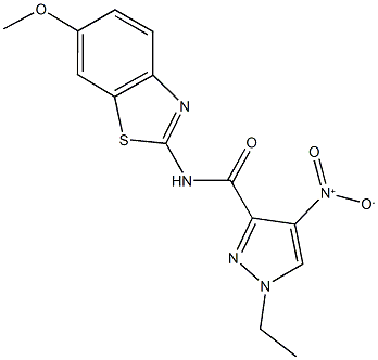 1-ethyl-4-nitro-N-(6-methoxy-1,3-benzothiazol-2-yl)-1H-pyrazole-3-carboxamide 구조식 이미지