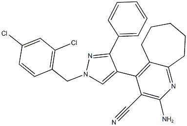 2-amino-4-[1-(2,4-dichlorobenzyl)-3-phenyl-1H-pyrazol-4-yl]-6,7,8,9-tetrahydro-5H-cyclohepta[b]pyridine-3-carbonitrile Structure