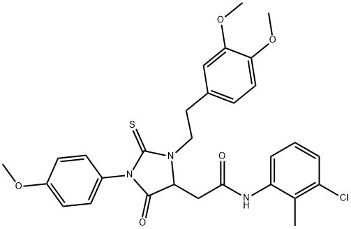 N-(3-chloro-2-methylphenyl)-2-[3-[2-(3,4-dimethoxyphenyl)ethyl]-1-(4-methoxyphenyl)-5-oxo-2-thioxo-4-imidazolidinyl]acetamide 구조식 이미지