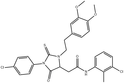 N-(3-chloro-2-methylphenyl)-2-{1-(4-chlorophenyl)-3-[2-(3,4-dimethoxyphenyl)ethyl]-5-oxo-2-thioxo-4-imidazolidinyl}acetamide 구조식 이미지