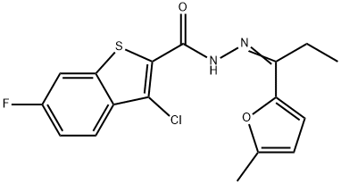 3-chloro-6-fluoro-N'-[1-(5-methyl-2-furyl)propylidene]-1-benzothiophene-2-carbohydrazide Structure
