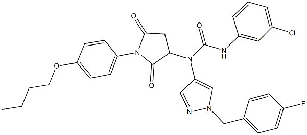 N-[1-(4-butoxyphenyl)-2,5-dioxo-3-pyrrolidinyl]-N'-(3-chlorophenyl)-N-[1-(4-fluorobenzyl)-1H-pyrazol-4-yl]urea 구조식 이미지