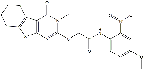 N-[2-nitro-4-(methyloxy)phenyl]-2-[(3-methyl-4-oxo-3,4,5,6,7,8-hexahydro[1]benzothieno[2,3-d]pyrimidin-2-yl)sulfanyl]acetamide 구조식 이미지