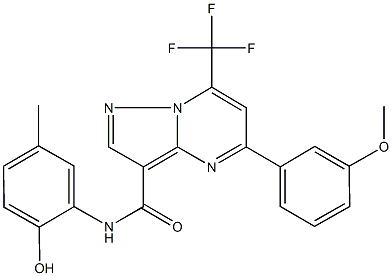 N-(2-hydroxy-5-methylphenyl)-5-[3-(methyloxy)phenyl]-7-(trifluoromethyl)pyrazolo[1,5-a]pyrimidine-3-carboxamide 구조식 이미지