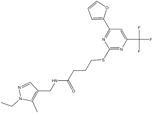 N-[(1-ethyl-5-methyl-1H-pyrazol-4-yl)methyl]-4-{[4-(2-furyl)-6-(trifluoromethyl)-2-pyrimidinyl]sulfanyl}butanamide 구조식 이미지