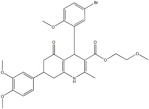 2-methoxyethyl 4-(5-bromo-2-methoxyphenyl)-7-(3,4-dimethoxyphenyl)-2-methyl-5-oxo-1,4,5,6,7,8-hexahydro-3-quinolinecarboxylate Structure