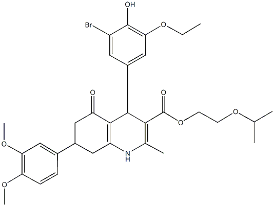 2-isopropoxyethyl 4-(3-bromo-5-ethoxy-4-hydroxyphenyl)-7-(3,4-dimethoxyphenyl)-2-methyl-5-oxo-1,4,5,6,7,8-hexahydro-3-quinolinecarboxylate Structure