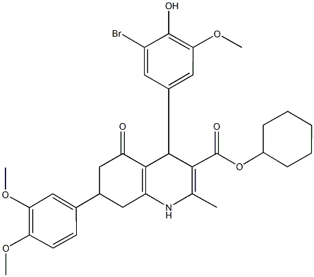 cyclohexyl 4-(3-bromo-4-hydroxy-5-methoxyphenyl)-7-(3,4-dimethoxyphenyl)-2-methyl-5-oxo-1,4,5,6,7,8-hexahydro-3-quinolinecarboxylate Structure