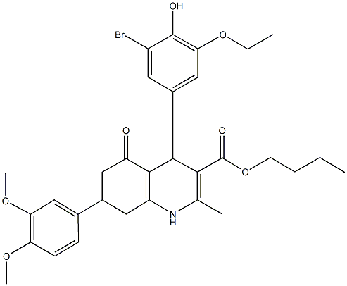 butyl 4-(3-bromo-5-ethoxy-4-hydroxyphenyl)-7-(3,4-dimethoxyphenyl)-2-methyl-5-oxo-1,4,5,6,7,8-hexahydro-3-quinolinecarboxylate Structure