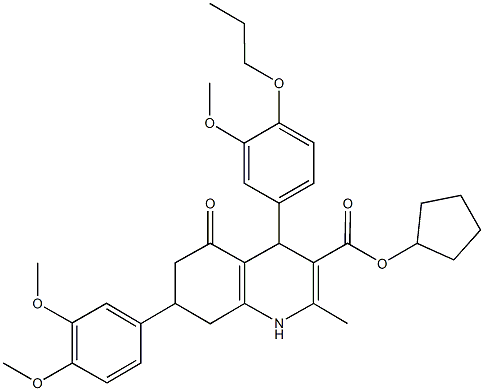 cyclopentyl 7-(3,4-dimethoxyphenyl)-4-(3-methoxy-4-propoxyphenyl)-2-methyl-5-oxo-1,4,5,6,7,8-hexahydro-3-quinolinecarboxylate Structure