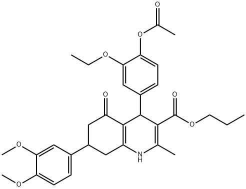 propyl 4-[4-(acetyloxy)-3-ethoxyphenyl]-7-(3,4-dimethoxyphenyl)-2-methyl-5-oxo-1,4,5,6,7,8-hexahydro-3-quinolinecarboxylate Structure