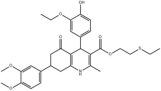 2-(ethylsulfanyl)ethyl 7-(3,4-dimethoxyphenyl)-4-(3-ethoxy-4-hydroxyphenyl)-2-methyl-5-oxo-1,4,5,6,7,8-hexahydro-3-quinolinecarboxylate 구조식 이미지