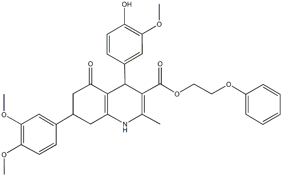 2-phenoxyethyl 7-(3,4-dimethoxyphenyl)-4-(4-hydroxy-3-methoxyphenyl)-2-methyl-5-oxo-1,4,5,6,7,8-hexahydro-3-quinolinecarboxylate 구조식 이미지