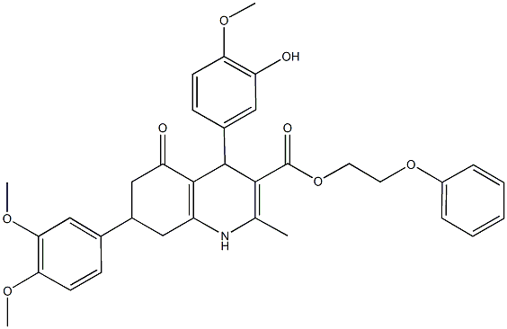 2-phenoxyethyl 7-(3,4-dimethoxyphenyl)-4-(3-hydroxy-4-methoxyphenyl)-2-methyl-5-oxo-1,4,5,6,7,8-hexahydro-3-quinolinecarboxylate 구조식 이미지