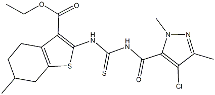 ethyl 2-[({[(4-chloro-1,3-dimethyl-1H-pyrazol-5-yl)carbonyl]amino}carbothioyl)amino]-6-methyl-4,5,6,7-tetrahydro-1-benzothiophene-3-carboxylate Structure