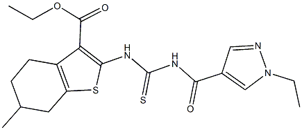 ethyl 2-[({[(1-ethyl-1H-pyrazol-4-yl)carbonyl]amino}carbothioyl)amino]-6-methyl-4,5,6,7-tetrahydro-1-benzothiophene-3-carboxylate 구조식 이미지