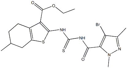 ethyl 2-[({[(4-bromo-1,3-dimethyl-1H-pyrazol-5-yl)carbonyl]amino}carbothioyl)amino]-6-methyl-4,5,6,7-tetrahydro-1-benzothiophene-3-carboxylate 구조식 이미지