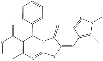 methyl 2-[(1-ethyl-5-methyl-1H-pyrazol-4-yl)methylene]-7-methyl-3-oxo-5-phenyl-2,3-dihydro-5H-[1,3]thiazolo[3,2-a]pyrimidine-6-carboxylate 구조식 이미지