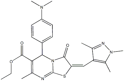 ethyl 5-[4-(dimethylamino)phenyl]-7-methyl-3-oxo-2-[(1,3,5-trimethyl-1H-pyrazol-4-yl)methylene]-2,3-dihydro-5H-[1,3]thiazolo[3,2-a]pyrimidine-6-carboxylate Structure
