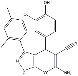 6-amino-3-(2,4-dimethylphenyl)-4-(4-hydroxy-3-methoxyphenyl)-1,4-dihydropyrano[2,3-c]pyrazole-5-carbonitrile 구조식 이미지