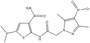 2-[({4-nitro-3,5-dimethyl-1H-pyrazol-1-yl}acetyl)amino]-5-isopropyl-3-thiophenecarboxamide 구조식 이미지