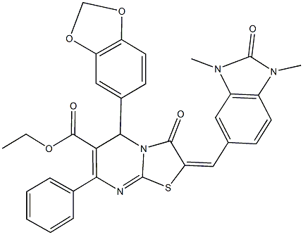 ethyl 5-(1,3-benzodioxol-5-yl)-2-[(1,3-dimethyl-2-oxo-2,3-dihydro-1H-benzimidazol-5-yl)methylene]-3-oxo-7-phenyl-2,3-dihydro-5H-[1,3]thiazolo[3,2-a]pyrimidine-6-carboxylate 구조식 이미지