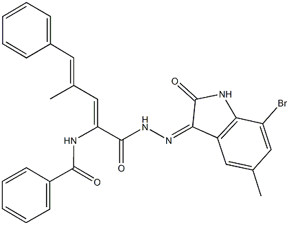 N-(1-{[2-(7-bromo-5-methyl-2-oxo-1,2-dihydro-3H-indol-3-ylidene)hydrazino]carbonyl}-3-methyl-4-phenyl-1,3-butadienyl)benzamide Structure
