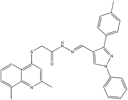2-[(2,8-dimethyl-4-quinolinyl)sulfanyl]-N'-{[3-(4-methylphenyl)-1-phenyl-1H-pyrazol-4-yl]methylene}acetohydrazide 구조식 이미지