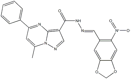 N'-({6-nitro-1,3-benzodioxol-5-yl}methylene)-7-methyl-5-phenylpyrazolo[1,5-a]pyrimidine-3-carbohydrazide 구조식 이미지