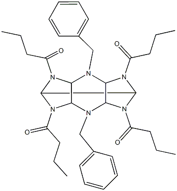 4,10-dibenzyl-2,6,8,12-tetrabutyryl-2,4,6,8,10,12-hexaazatetracyclo[5.5.0.0~3,11~.0~5,9~]dodecane 구조식 이미지