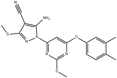 5-amino-1-[6-(3,4-dimethylphenoxy)-2-(methylsulfanyl)-4-pyrimidinyl]-3-(methylsulfanyl)-1H-pyrazole-4-carbonitrile 구조식 이미지