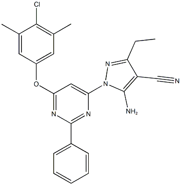 5-amino-1-[6-(4-chloro-3,5-dimethylphenoxy)-2-phenyl-4-pyrimidinyl]-3-ethyl-1H-pyrazole-4-carbonitrile 구조식 이미지