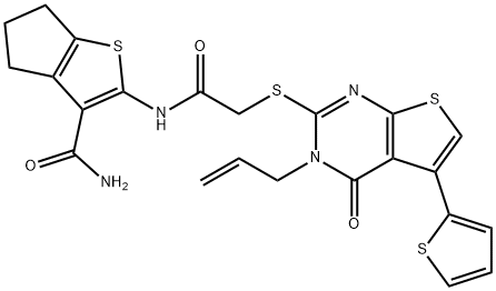 2-[({[3-allyl-4-oxo-5-(2-thienyl)-3,4-dihydrothieno[2,3-d]pyrimidin-2-yl]sulfanyl}acetyl)amino]-5,6-dihydro-4H-cyclopenta[b]thiophene-3-carboxamide 구조식 이미지