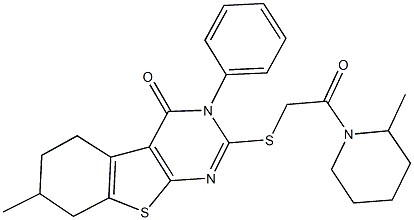 7-methyl-2-{[2-(2-methyl-1-piperidinyl)-2-oxoethyl]sulfanyl}-3-phenyl-5,6,7,8-tetrahydro[1]benzothieno[2,3-d]pyrimidin-4(3H)-one Structure