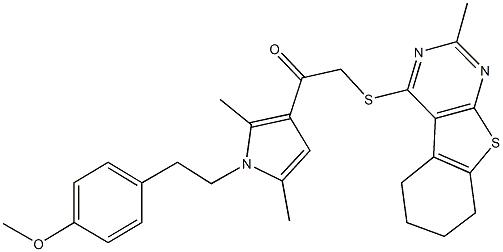 1-{1-[2-(4-methoxyphenyl)ethyl]-2,5-dimethyl-1H-pyrrol-3-yl}-2-[(2-methyl-5,6,7,8-tetrahydro[1]benzothieno[2,3-d]pyrimidin-4-yl)sulfanyl]ethanone 구조식 이미지