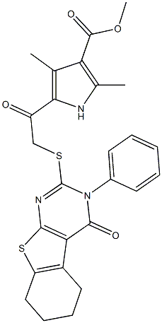 methyl 2,4-dimethyl-5-{[(4-oxo-3-phenyl-3,4,5,6,7,8-hexahydro[1]benzothieno[2,3-d]pyrimidin-2-yl)sulfanyl]acetyl}-1H-pyrrole-3-carboxylate Structure