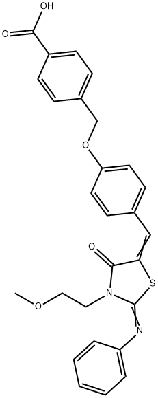 4-[(4-{[3-(2-methoxyethyl)-4-oxo-2-(phenylimino)-1,3-thiazolidin-5-ylidene]methyl}phenoxy)methyl]benzoic acid Structure