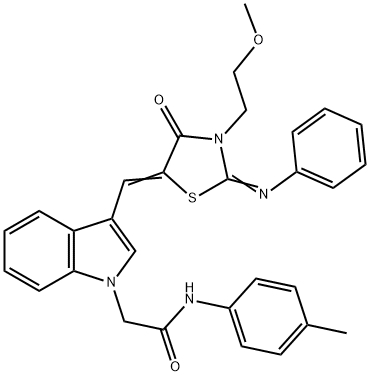 2-(3-{[3-(2-methoxyethyl)-4-oxo-2-(phenylimino)-1,3-thiazolidin-5-ylidene]methyl}-1H-indol-1-yl)-N-(4-methylphenyl)acetamide 구조식 이미지