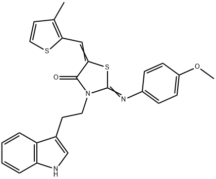 3-[2-(1H-indol-3-yl)ethyl]-2-[(4-methoxyphenyl)imino]-5-[(3-methyl-2-thienyl)methylene]-1,3-thiazolidin-4-one 구조식 이미지