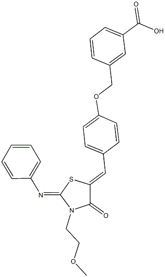 3-[(4-{[3-(2-methoxyethyl)-4-oxo-2-(phenylimino)-1,3-thiazolidin-5-ylidene]methyl}phenoxy)methyl]benzoic acid 구조식 이미지