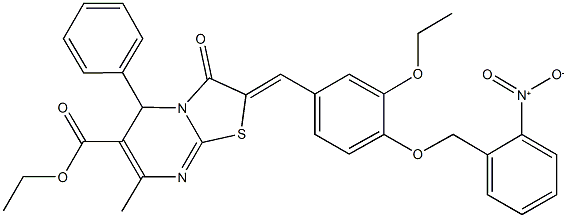 ethyl 2-[3-ethoxy-4-({2-nitrobenzyl}oxy)benzylidene]-7-methyl-3-oxo-5-phenyl-2,3-dihydro-5H-[1,3]thiazolo[3,2-a]pyrimidine-6-carboxylate 구조식 이미지